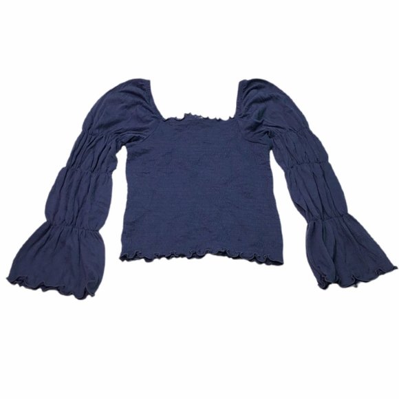 Juniors Womens Crop Top Peasant Boho Solid Blue Long Sleeve Size M Medium NWT - Picture 2 of 9